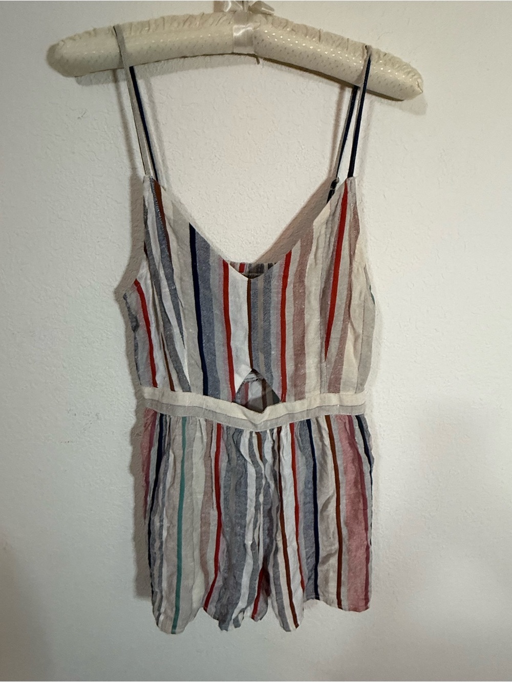 American Eagle Linen Blend Striped Multicolor Romper with Cutout Size S
